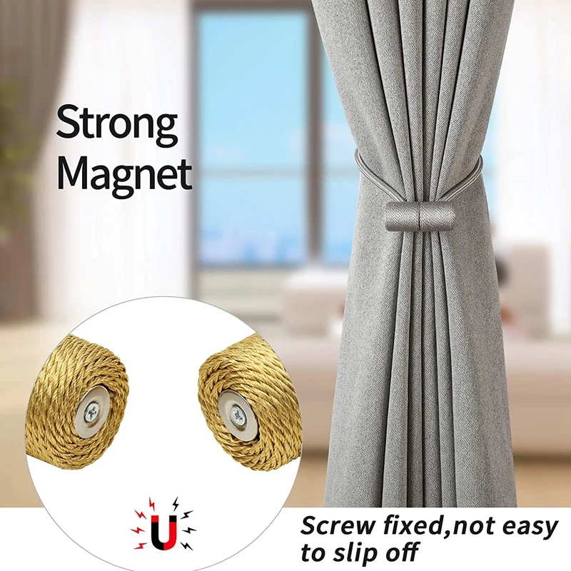 

6PCS Magnetic Curtain Tiebacks with Strong Braided Rope, Suitable for Various Curtains of Home and Office