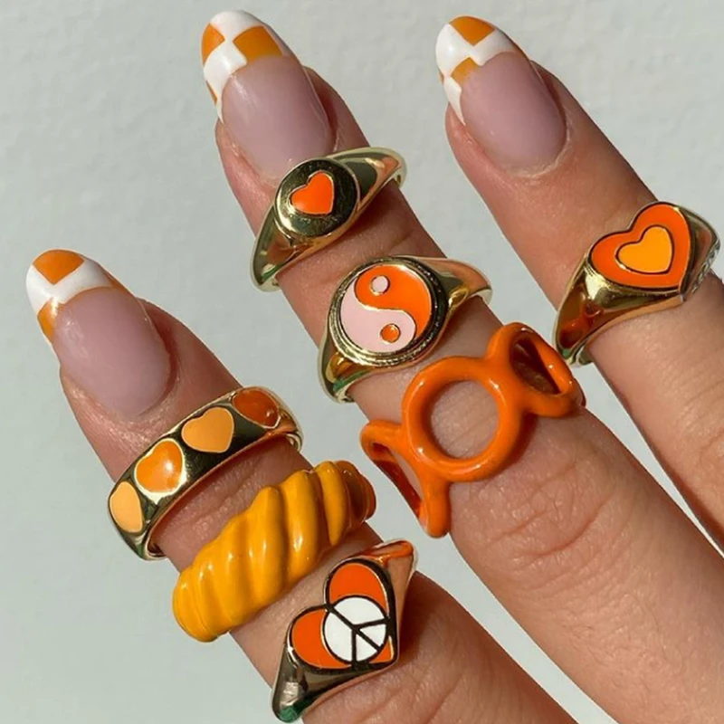 

17KM Korean Orange Color Heart Rings Set For Women Lover Colorful Resin Acrylic Chain Couples Rings Travel Gifts Jewelry