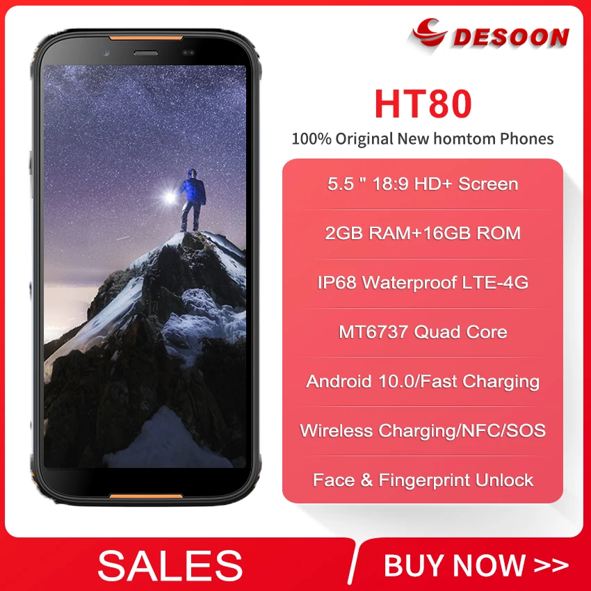 HOMTOM HT80 IP68 Водонепроницаемый Смартфон Android 10 5 дюймов 18:9 MT6737 4 ядра NFC Беспроводной