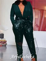jumpsuits glittering sexy party wear prom dress v neck long sleeve floor length satin with sequin 2022