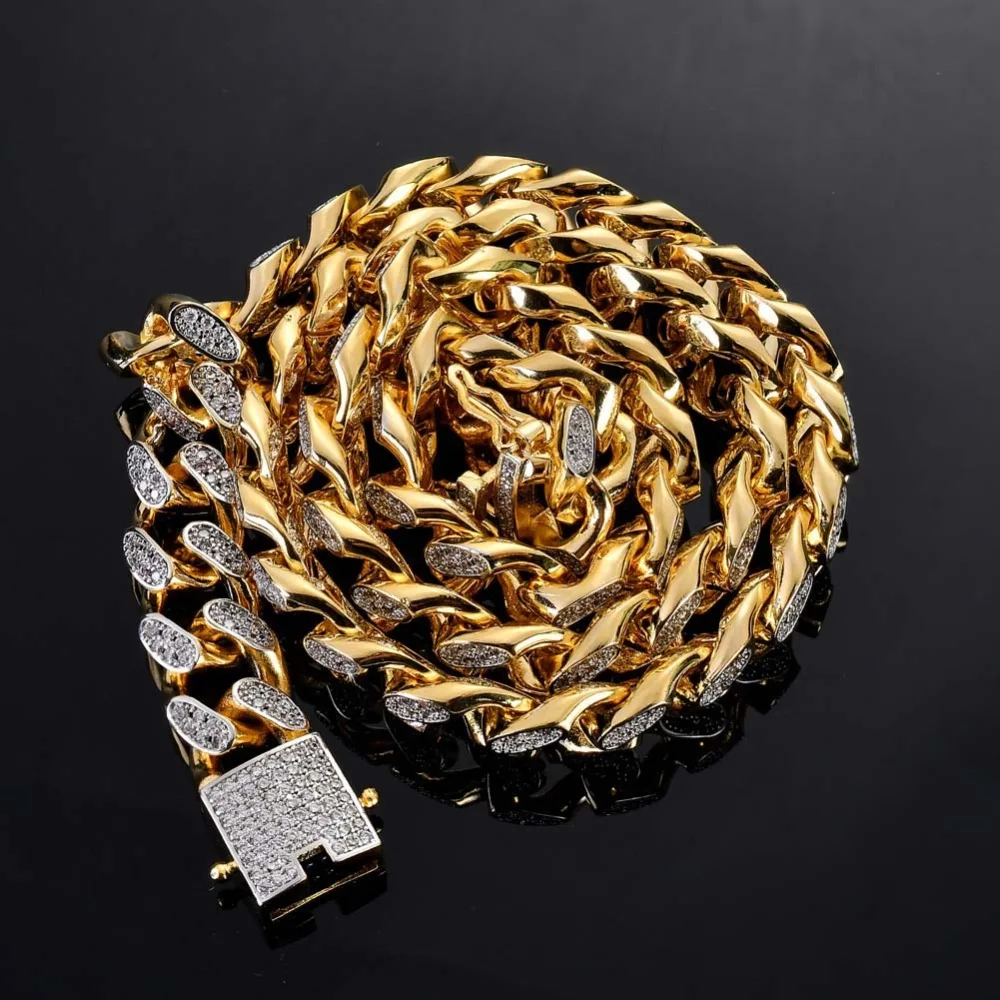

Hip Hop Men Gold Color Cuban Necklace Ice Out Cuban Crystal Miami Neckalce Chain Hip Hop For Men