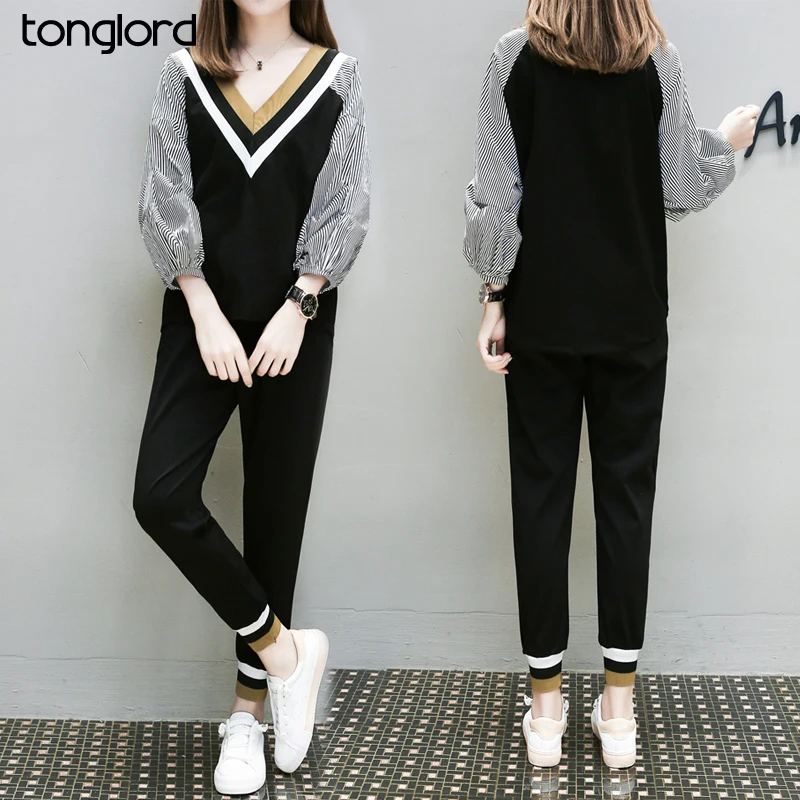 2019 новые осенние женские комплекты Лоскутные Полосатые рубашки пуловеры Топы