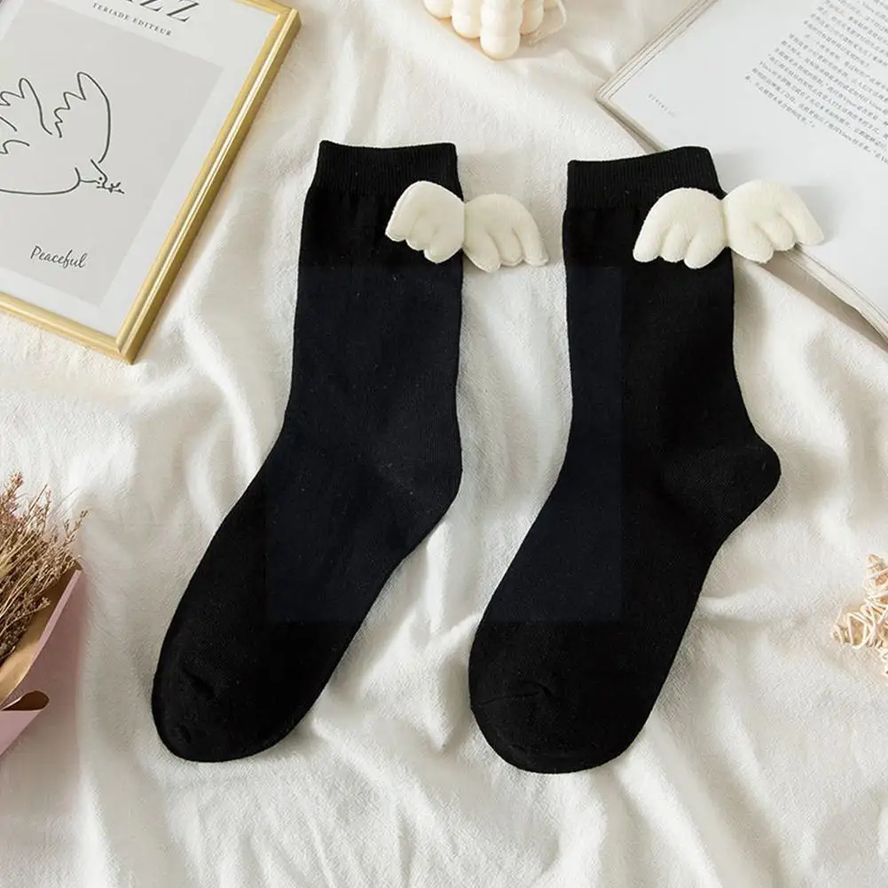 

1pair Angel Wing Socks For Girls Women Sweet Kawaii Student Soft Cotton Princess Socks Candy Color Middle Tube Curling A0O2
