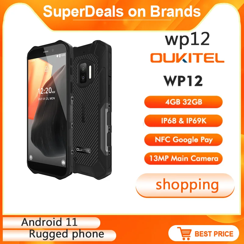 

OUKITEL WP12 IP68 Waterproof Android 11 Rugged Smartphone Display 4GB+32GB Helio A22 NFC 5.5'' HD+13MP Camera Phone