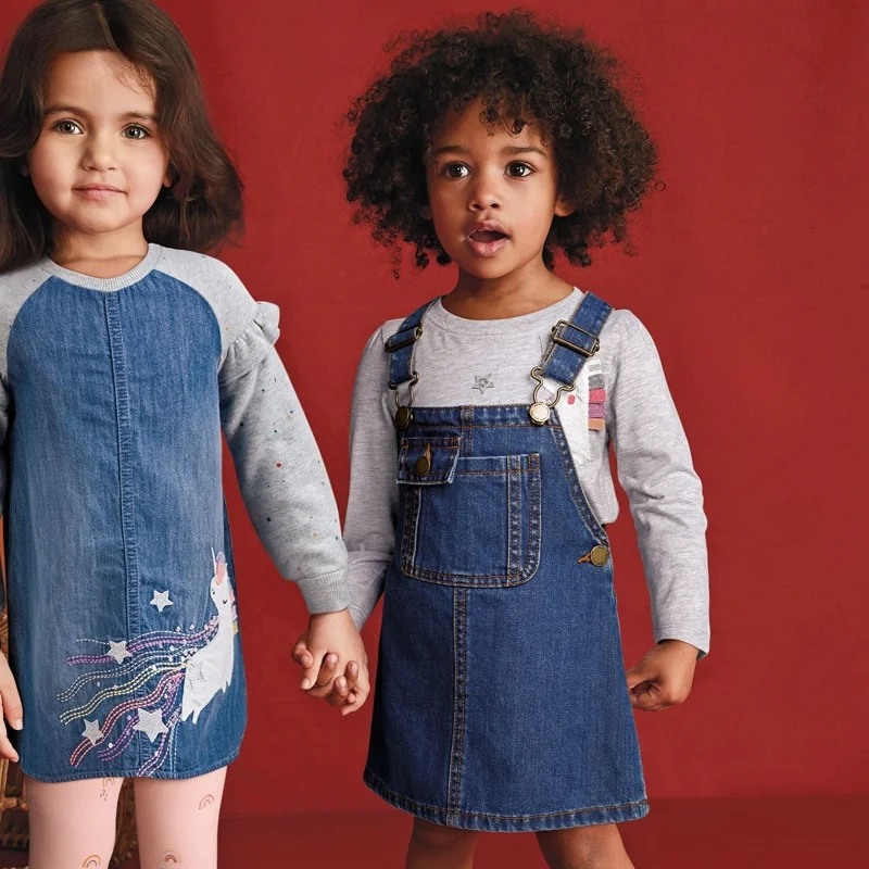 

Spring Toddler Girl Unicorn Denim Dresses Kids Cotton Frocks Baby Girl Contrast Color Christmas Outfits Boutique Clothes 2Y-7Y