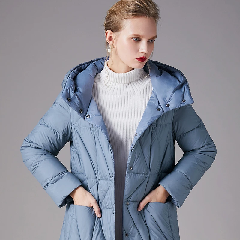 Blue Women Haze Winter Coat Color 90% White Duck Down Hooded Slim Warm Outwear Office Lady Long Wide-Waisted Female Parkas