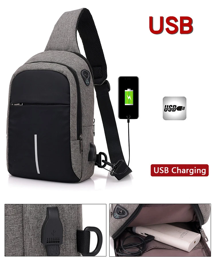 Новая модная повседневная мужская нагрудная сумка с USB зарядкой через плечо для