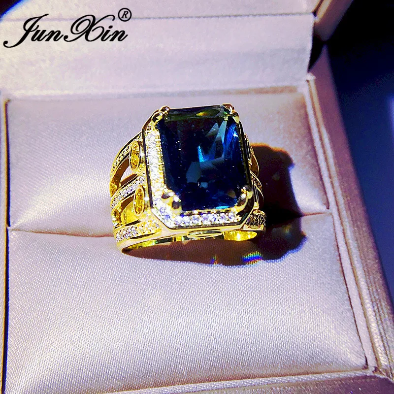 Luxury Geometric Square Crystal Yellow Gold Rings For Women Men Big Blue Stone Wedding Bands Engagement Ring Promise Jewelry CZ | Украшения