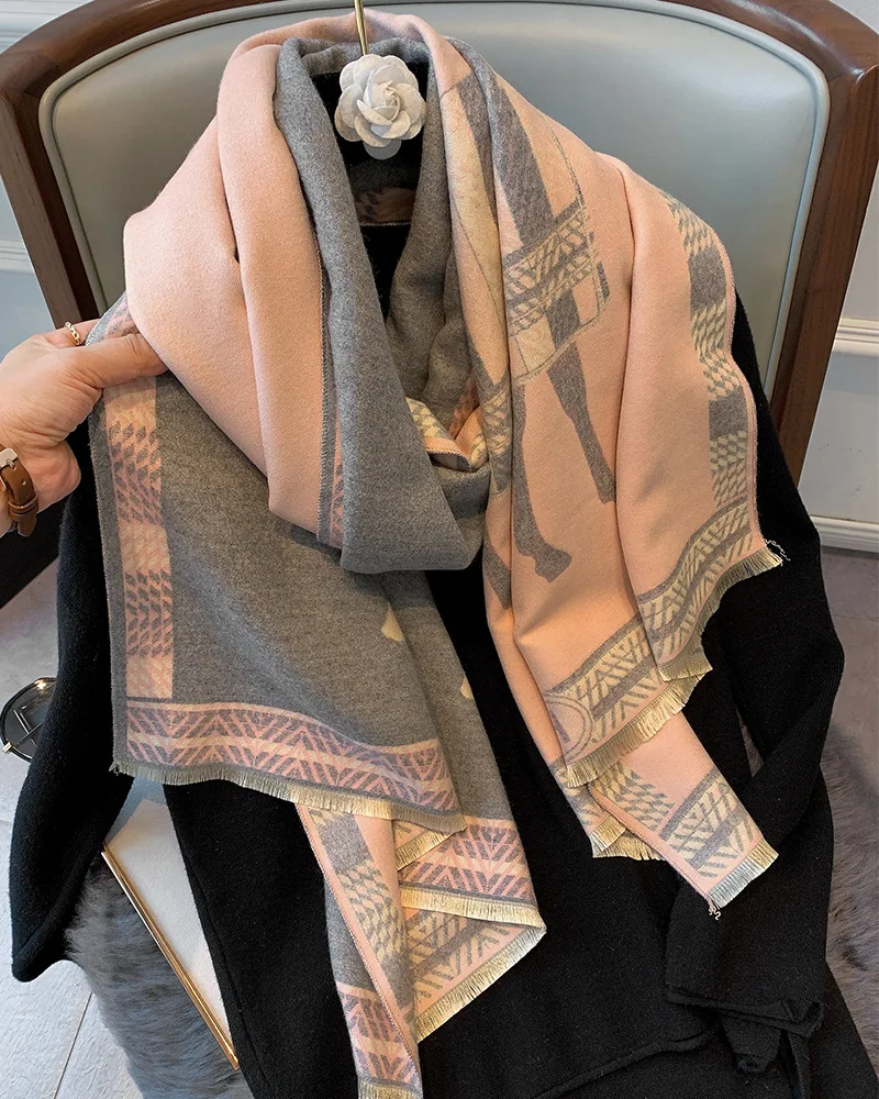 

Autumn Winter Scarf Cashmere Warm Shawls and Wrap Women Horse Print Design Pashmina Bandana Decoration Femal Thick Soft Blanket