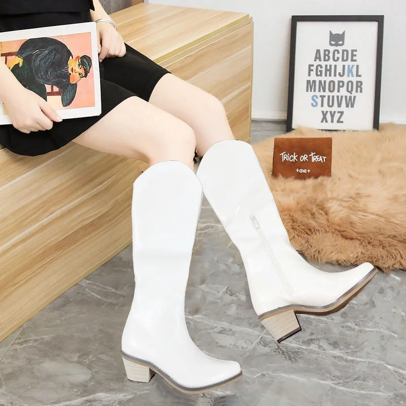 

Женские Ковбойские Сапоги выше колена, высокие сапоги на толстом каблуке, с острым носком, в ковбойском стиле, Осень-зима