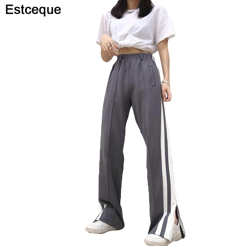 Новые модные женские брюки с полосками сбоку 2020 широкие высокой талией свободные
