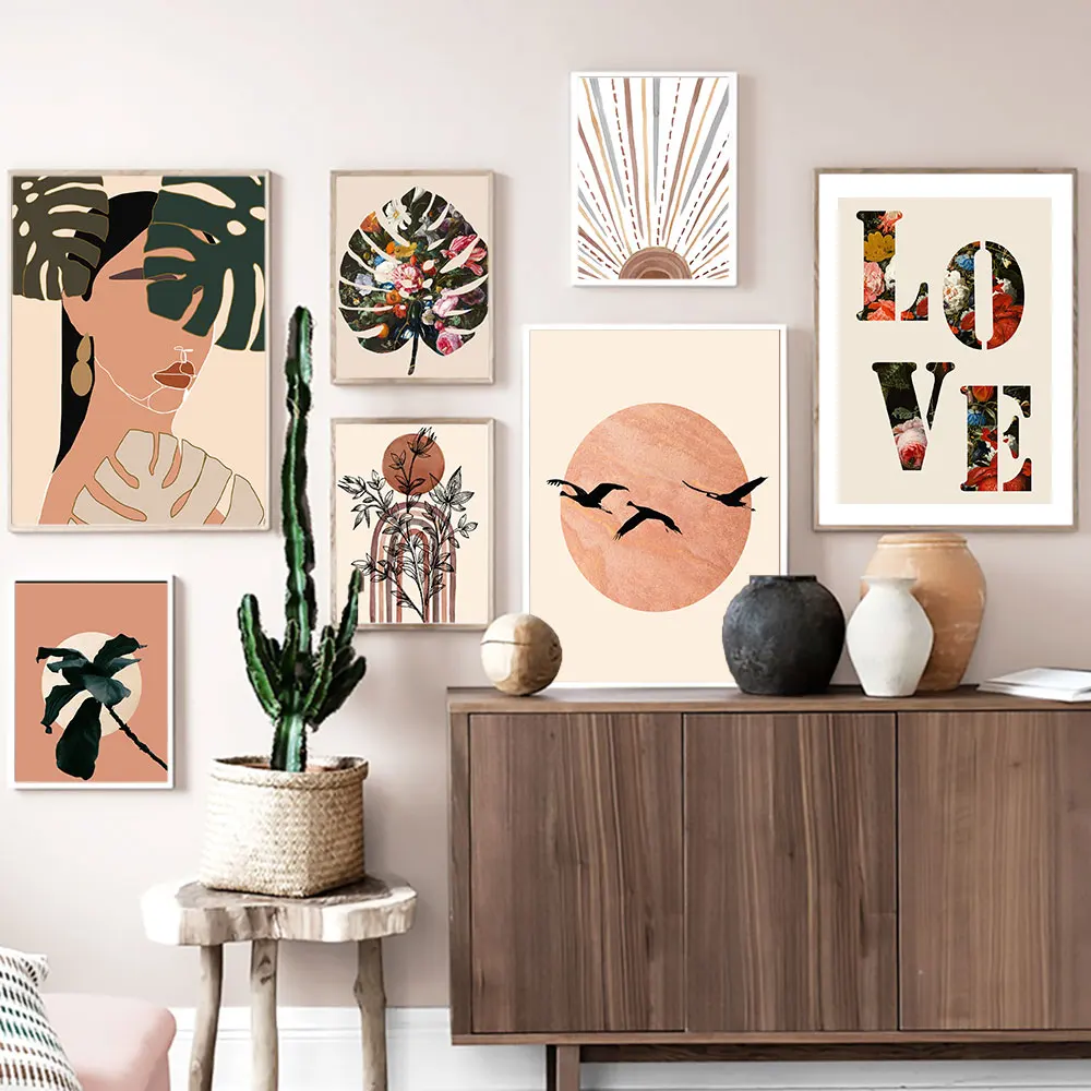 

Vintage Landscape Bobo Style Canvas Painting Abstract Flower and Leaves Poster Love Quote Print Wall Art Picture Home Decoration