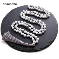8mm howlite beaded knotted mala necklace meditation yoga blessing jewelry 108 japamala tibetan rosary tassel pendant