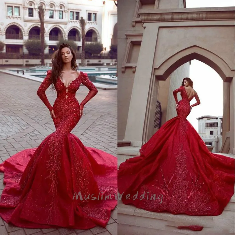 

Luxury Red Prom Dresses With Beaded Crystal Long Sleeve Mermaid Evening Gown Sexy V Neck Bling Glitter Formal Dress 2021 Elegant