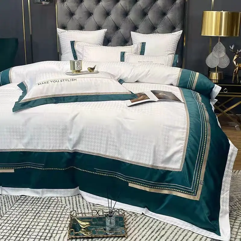 Juego de cama de algod&oacute;n de 4 piezas, S&aacute;bana de Jacquard satinada, funda de edred&oacute;n bordada sedosa, funda de almohada de lujo, ropa de cama moderna doble, Queen y King-1