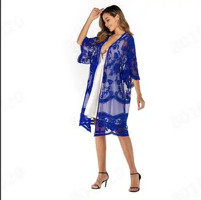 Women Loose Tunic Long Sleeve Beach Dress Lace See Through Swim Cover Up Bikini Pareo Bathing Suit trajes de baño pareos cape | Женская
