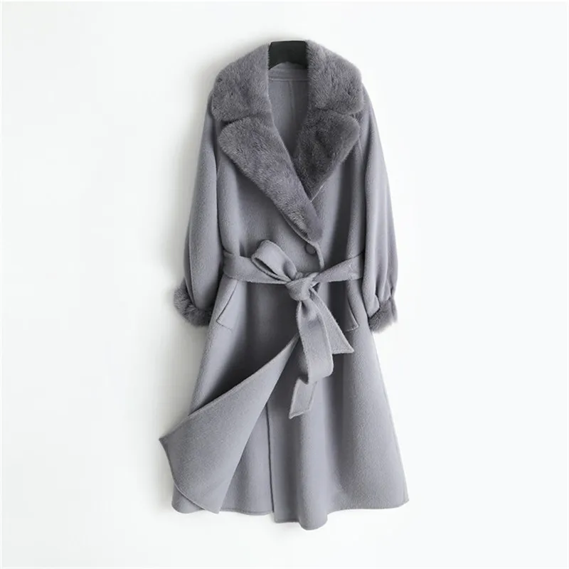 blue gray Модное длинное кашемировое пальто для женщин с натуральным воротником из натурального меха норки теплая зимняя куртка женская верхняя одежда - Цвет: blue gray