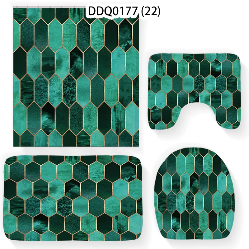 

4 Pcs/set Geometric Green Waterproof Bathroom Curtain Shower Curtains Set Non-slip Rugs Toilet Lid Cover Bath Mat Home Decor