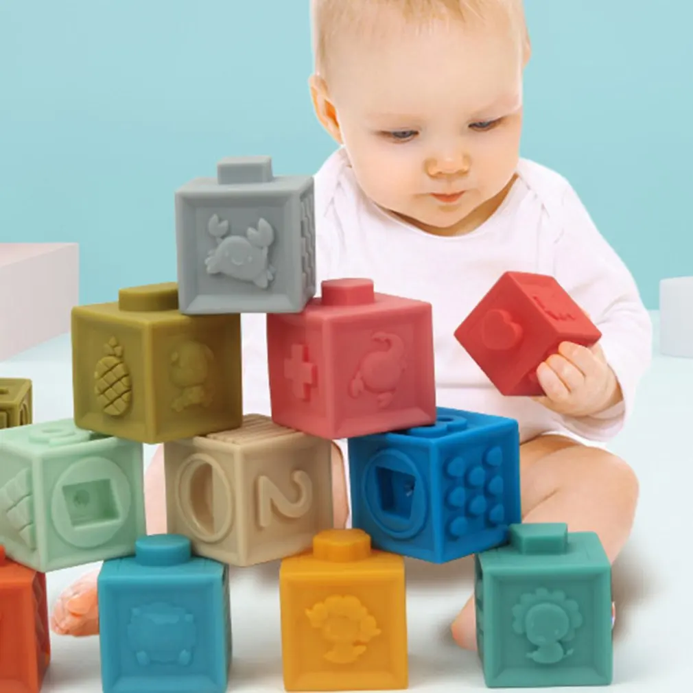 

12pcs/set Infant Soft Rubber Building Block Silicone Toy Early Education Puzzle Digital Cognition Ability Training