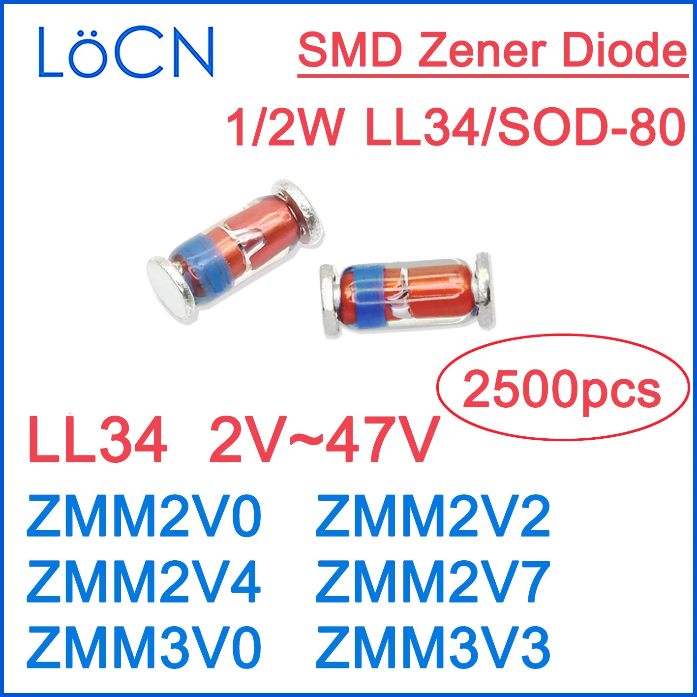 LL34 2V 2,2 V 2,4 V 2,7 V 3V 3,3 V ZMM2V0 ZMM2V2 ZMM2V4 ZMM2V7 ZMM3V0 ZMM3V3 SMD диоды стеклянные 1/2W Высокое качество RoHS 2500 шт
