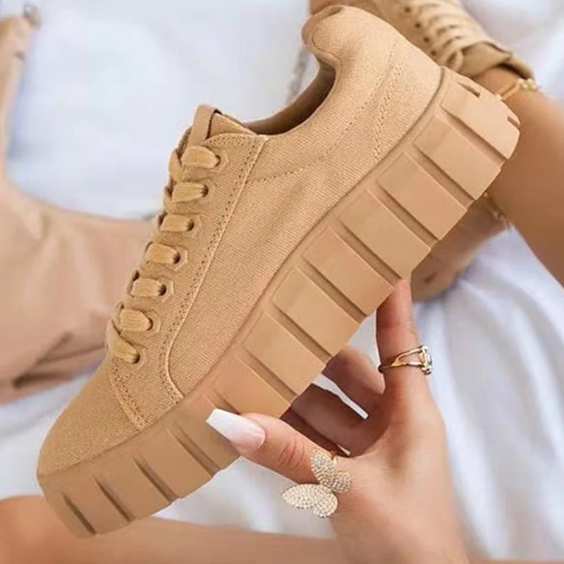

Woman's Vulcanized Shoes Canvas Lace-Up Solid Casual Sneakers Thick Bottom Female Skateboard Fashion Plus Size Ladies Footwear