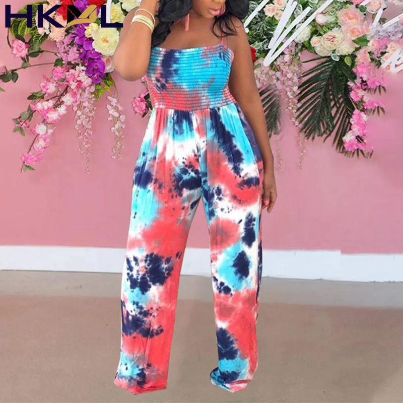 

Women Jumpsuit Color Printing And Dyeing Sleeveless Spaghetti Strap Printing Casual Loose Summer Overalls
