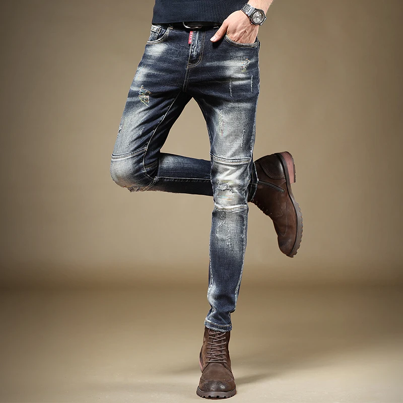 Autumn New Men Blue Patchwork Ripped Jeans Fashion Embroidery Straight Pants Slim Fit Casual Cotton Denim Trousers