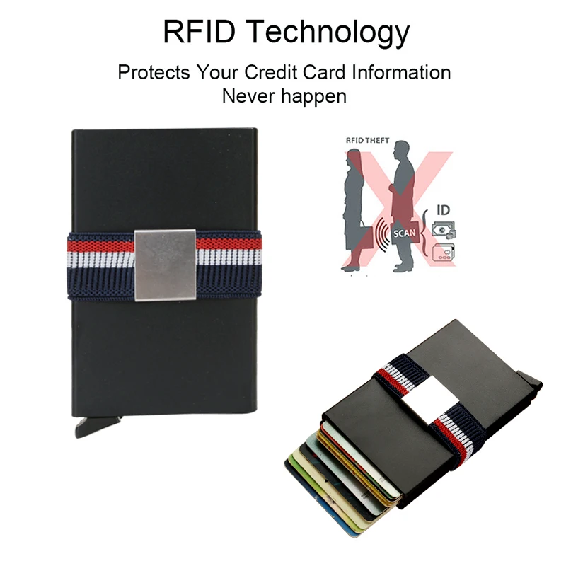 DIENQI, двойной металлический чехол, мужские кошельки, синий, анти-Rfid, блокировка, карта, кошелек, сумка для денег, мужской короткий, всплывающий, волшебный кошелек, маленький кошелек
