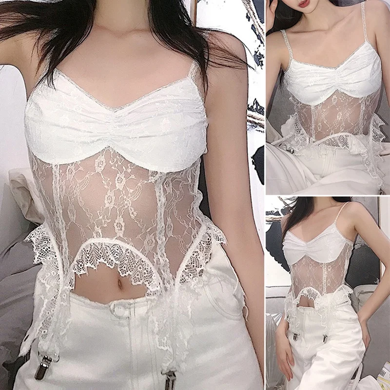 

Женский однотонный тонкий пикантный кружевной топ в пупок, белый