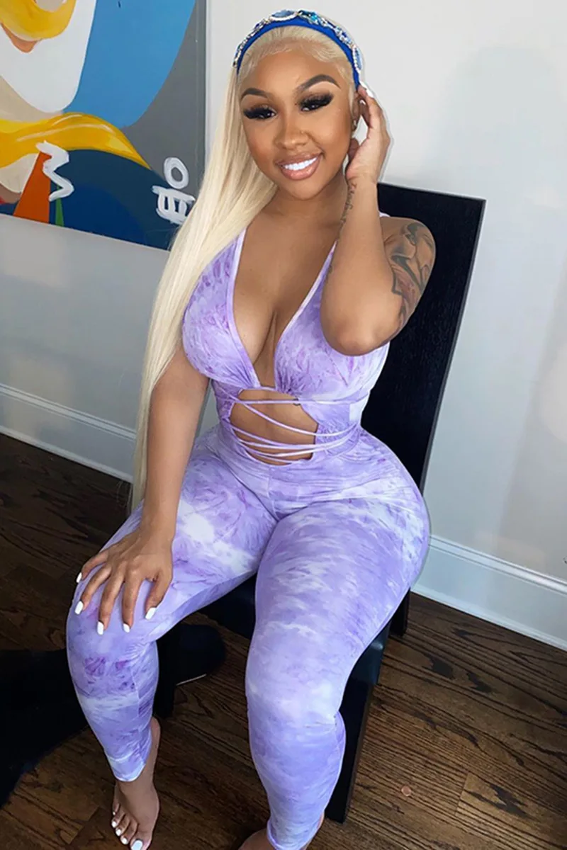 

European and American Fashion Casual Women's Wear Tie-Dyed V Collar Sleeveless With Sexy Dew Navel Tights