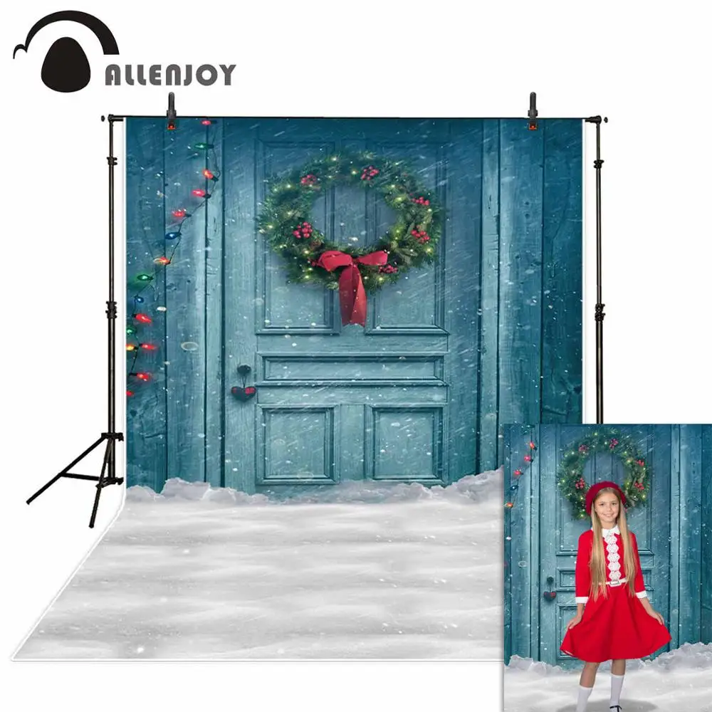 Allenjoy фоновая фотография Рождество фон синяя дверь цветы красочный маленький светильник лампы снег Фотостудия