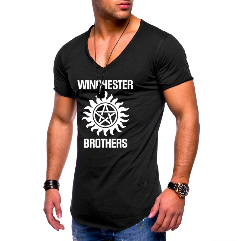 

Supernatural T shirt Men Winchester Brother Printed Men T Shirt V-neck Summer New Fashion hop Short Sleeve Cotton T-shirt