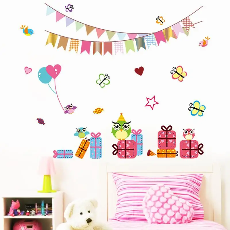 

Cartoon Owlets Flags Balloon Pattern Wall Stickers Birthday Party Decoration Kids Room Home Decals Animals Diy Pvc Mural Art