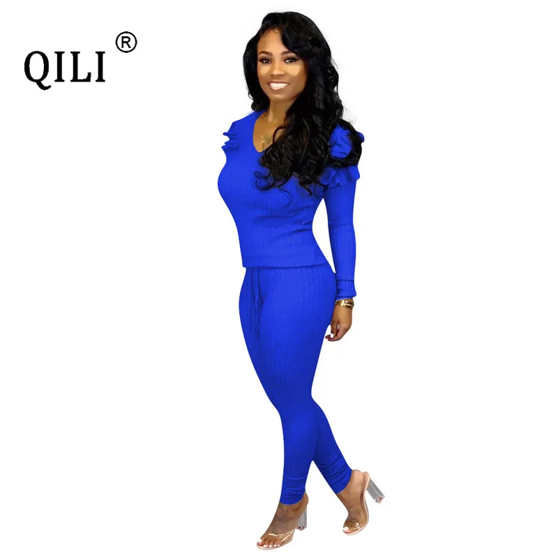 QILI Plus Size Two Piece Set Jumpsuits Womens Stretch Twill Ruffles Long Sleeve 2 Piece Outfits Casual Jumpsuits Autumn Jumpsuit