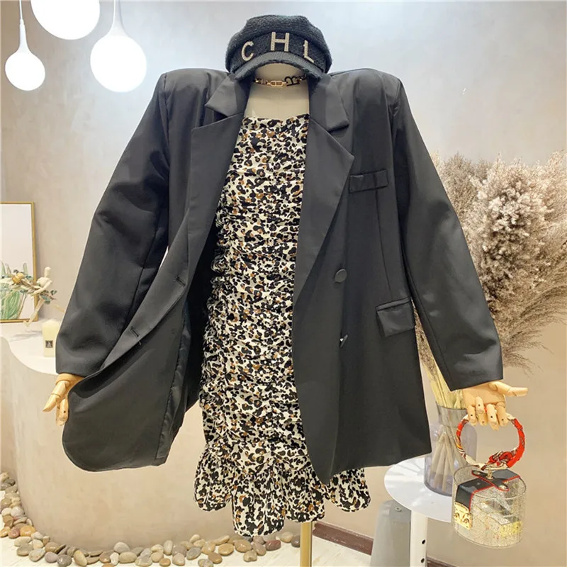

NEW Niche Design Women's Autumn Medium Length Double Breasted Blazer Coat With Pleated Long Sleeved Dress Inside Two Piece Set