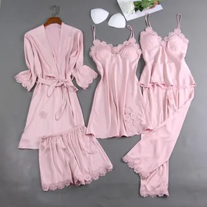 5PCS Pajamas Sleep Set Women Nightwear V-Neck Lace Sleepwear Sexy Nightie Spring Robe Gown Bathrobe Wear Home Suit Negligee