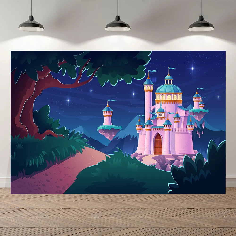 

Весенний фон для фотосъемки с изображением замка принцессы дня рождения ребенка Девочки Цветы вечеривечерние карета дворец лес Вишневый Р...