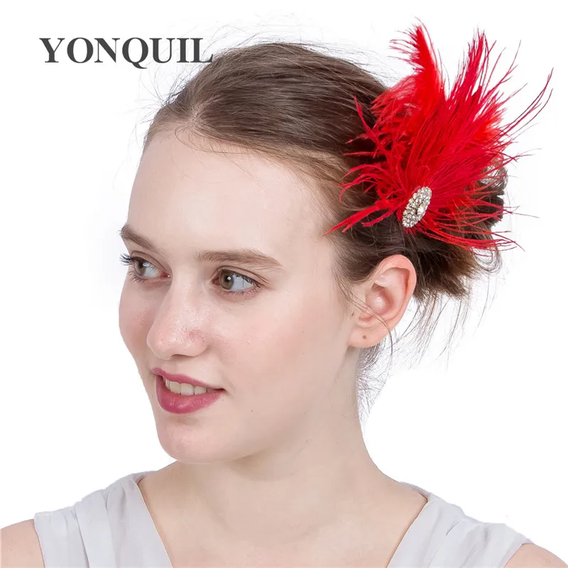 

Red Feather Hair Clips Chic Fascinators Hats Headbands For Girls Women Cocktail Hair Accessories NEW Style Occasion Headwear