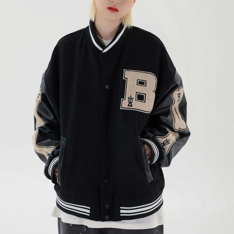 

Hip Hop Furry Bone Patchwork Color Block College Jackets Mens Harajuku Casual Bomber Varsity Jacket Women Baseball Coats Unisex