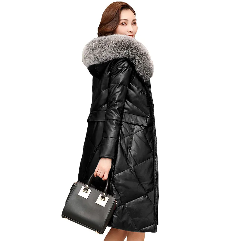 Женская куртка из овечьей кожи пуховик натуральной новинка женские зимние длинные пальто с капюшоном и