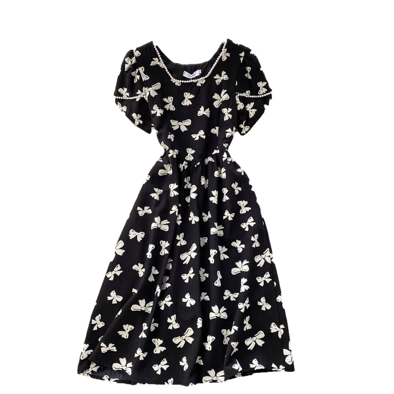 

Summer New Style Fashion Temperament Vestidos Female Bowknot Printed Beaded Square Collar Short Sleeve Chiffon Midi Dress DK256