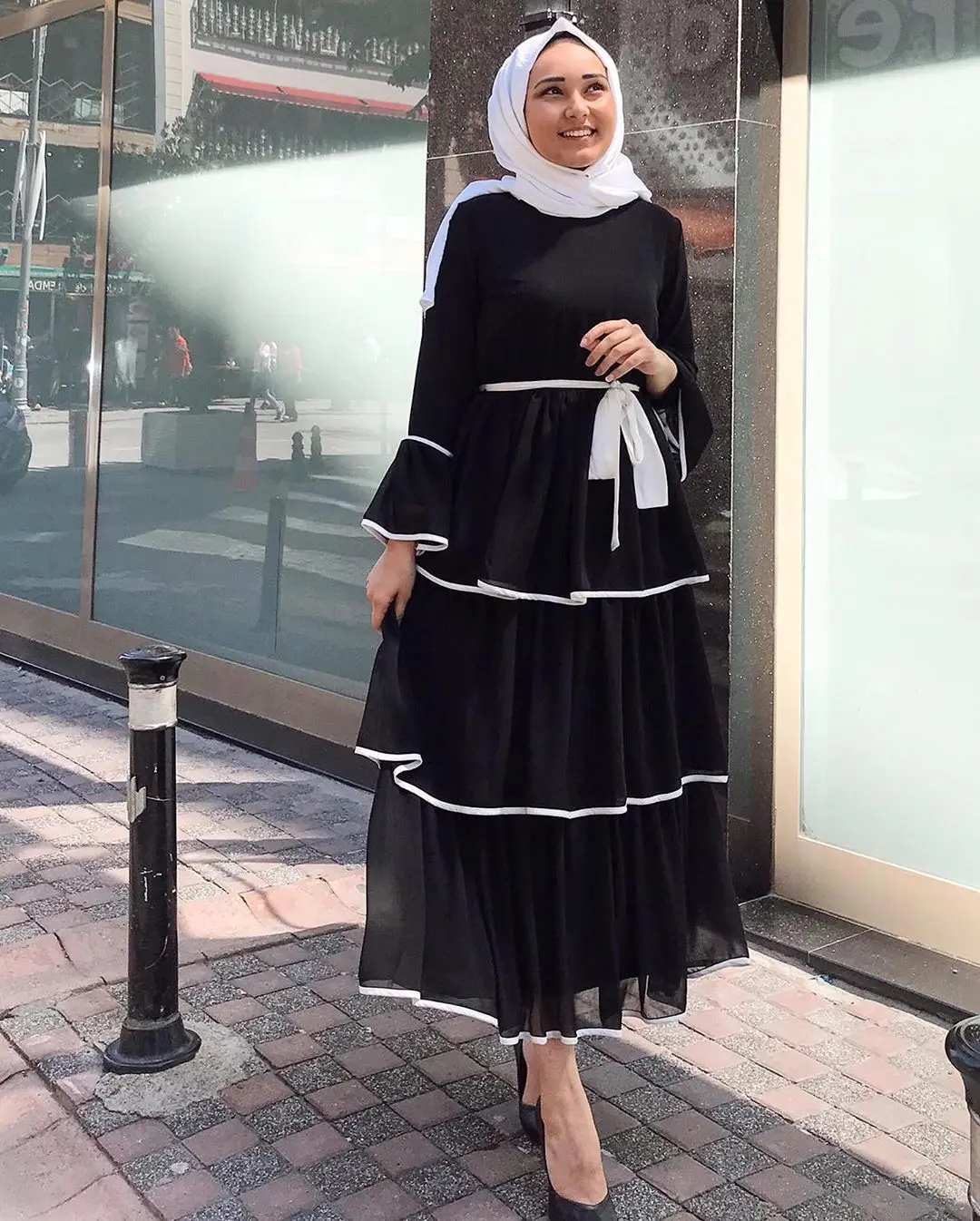 

Middle Eastern Fashion Cake Layer Eveing Party Dress Women Arab Dubai Sash Muslim Abaya Turkey Kaftan Moroccan Hijab Long Robe
