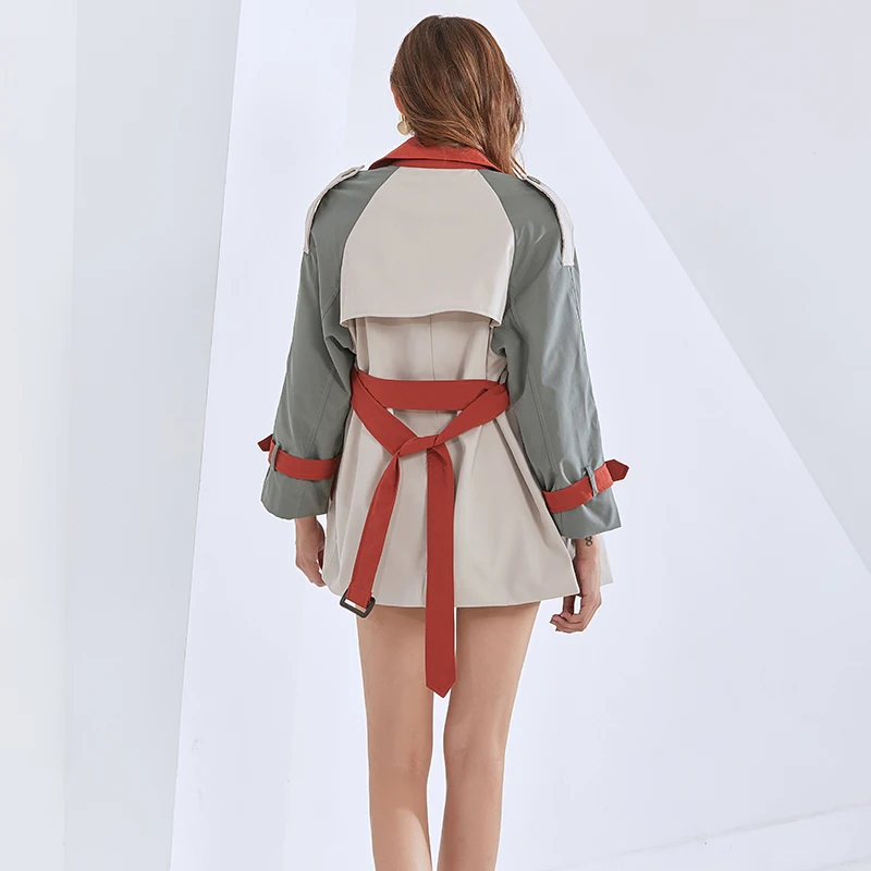 

SISPELL Patchwork Hit Color Women's Windbreaker Coat Lapel Collar Long Sleeve High Waist Belt Slimming For Female Windbreaker