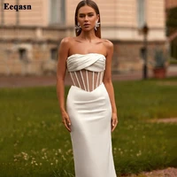 eeqasn ivory satin evening dresses strapless pleated dubai women prom gowns 2022 sheer body tea length celebrity formal dress