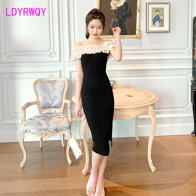 

LDYRWQY 2021 summer new Korean version of contrast color ruffled shoulder strapless waist bag hip slit temperament dress