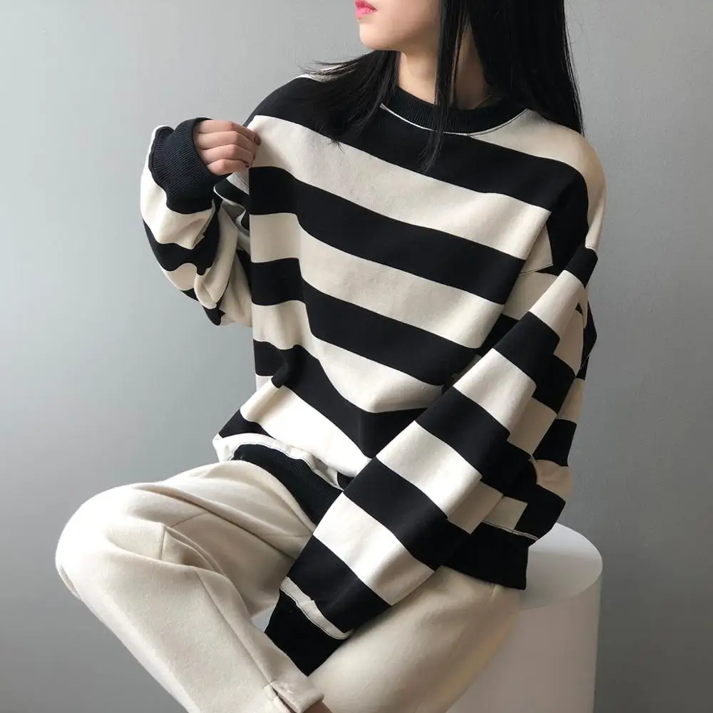 

Autumn/Winter fleece women's long-sleeved cotton sweatshirt 2020 New minimalist retro striped women's loose crew-neck casual jum