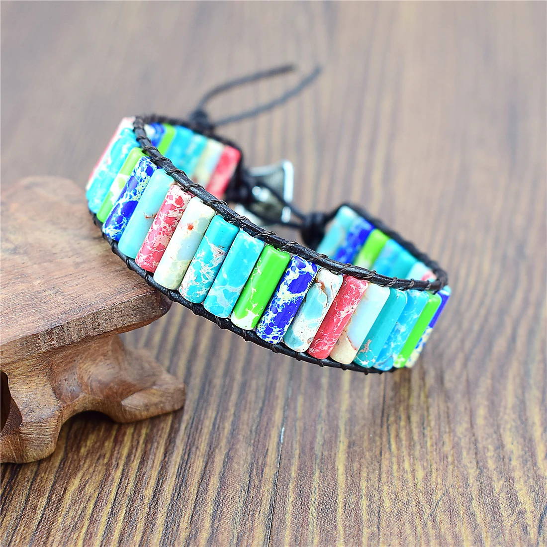 

Chakra Bracelet Jewelry Handmade Multi Color Natural Stone Tube Beads Leather Wrap Bracelet Couples Bracelets Gifts