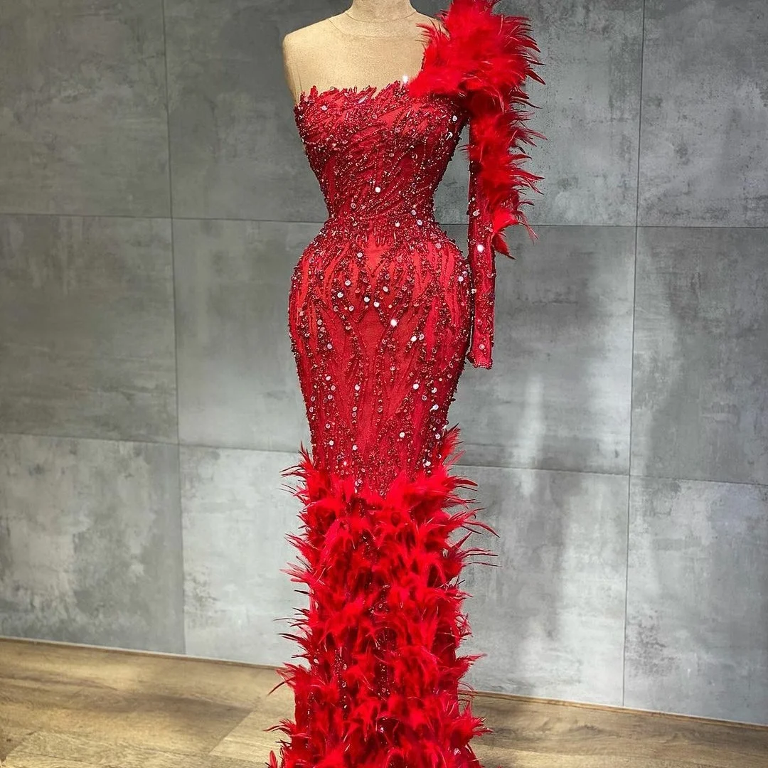 

Красные вечерние платья с одним открытым плечом, роскошные наряды русалки с кристаллами и перьями для выпускного вечера, официальное плать...