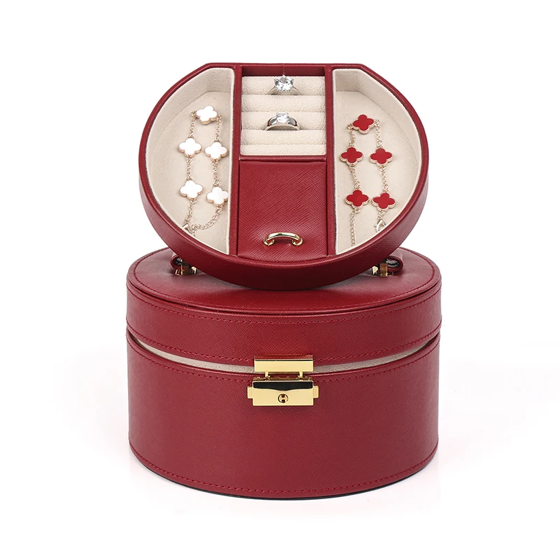 

New Red Portable Pu Leather Jewelry Display Box With Lock For Femal Ring Earring Pendent Bracelet Jewellery Organizers Gift Case