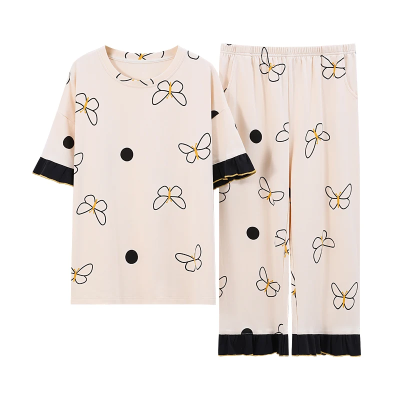 

Butterfly Print Nightwear Two-piece Set Fresh Women Homewear Summer Pajamas Set Girl's Cotton Short Sleeve Sleepwear Large Size